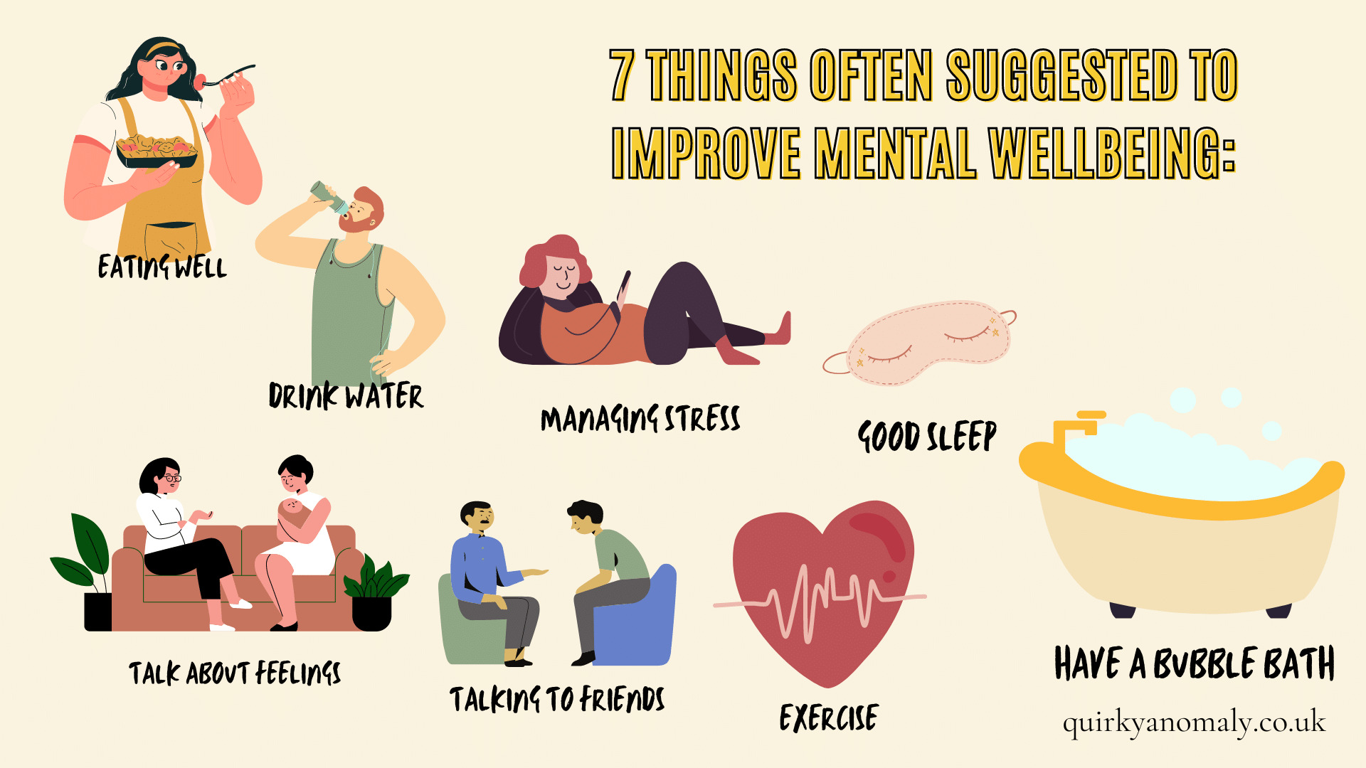 7 things often suggested to improve mental wellbeing: Eating Well, Drink Water, Manage Stress, Good Sleep, Talk about Feelings, Socialise with friends and exercise